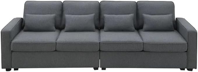 104" 4-Seater Linen Fabric Sofa with Armrest Pockets and 4 Pillows, Couch for Living Room, Apartment